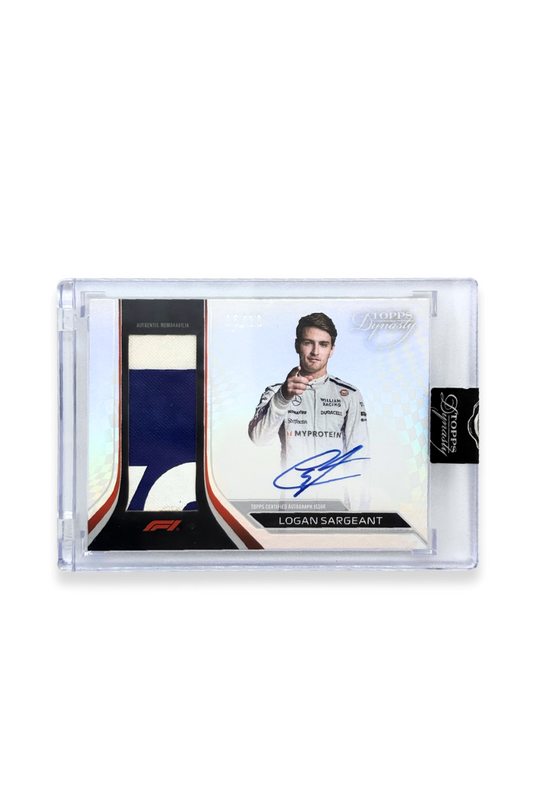 Front of 2024 Topps Dynasty Logan Sargeant patch autograph card, serial numbered 5 of 10, showing authentic memorabilia patch.
