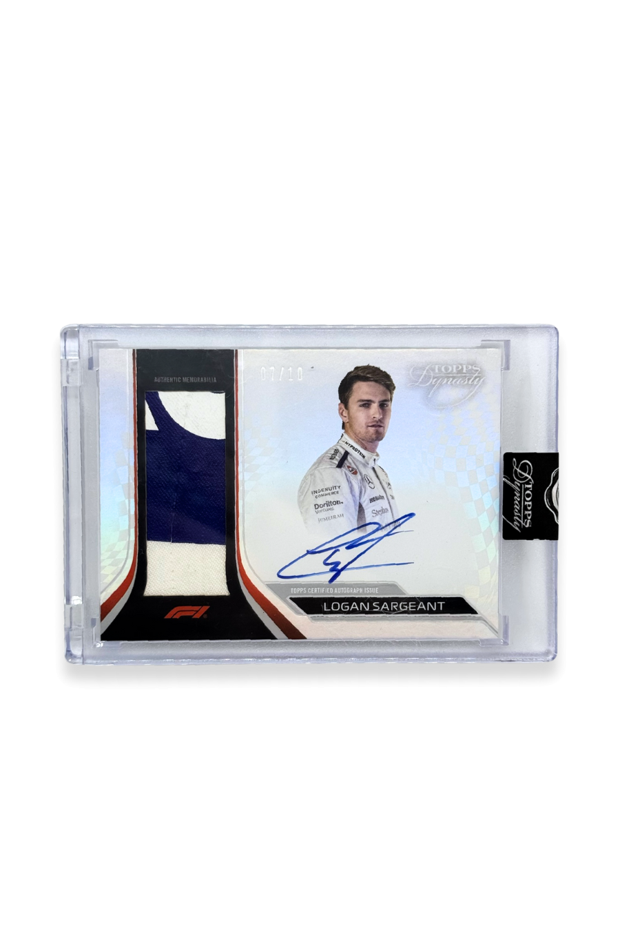 Front of 2024 Topps Dynasty Logan Sargeant patch autograph card, serial numbered 7 of 10, showing authentic memorabilia patch.