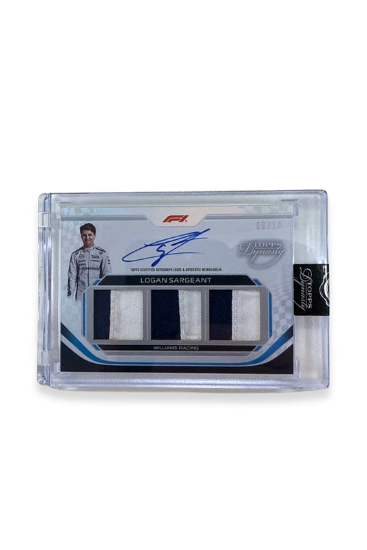 Front of 2024 Topps Dynasty Logan Sargeant triple patch autograph F1 card, serial numbered 8 of 10, showing navy and white race-worn patches.