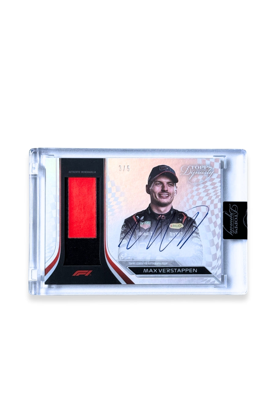 Front of 2024 Topps Dynasty Max Verstappen patch autograph F1 card, serial numbered 3 of 5, showing an authentic memorabilia patch.