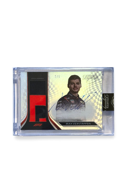 Front of 2024 Topps Dynasty Max Verstappen patch autograph card, serial numbered 2 of 5, and authentic memorabilia patch with letter-style detail.