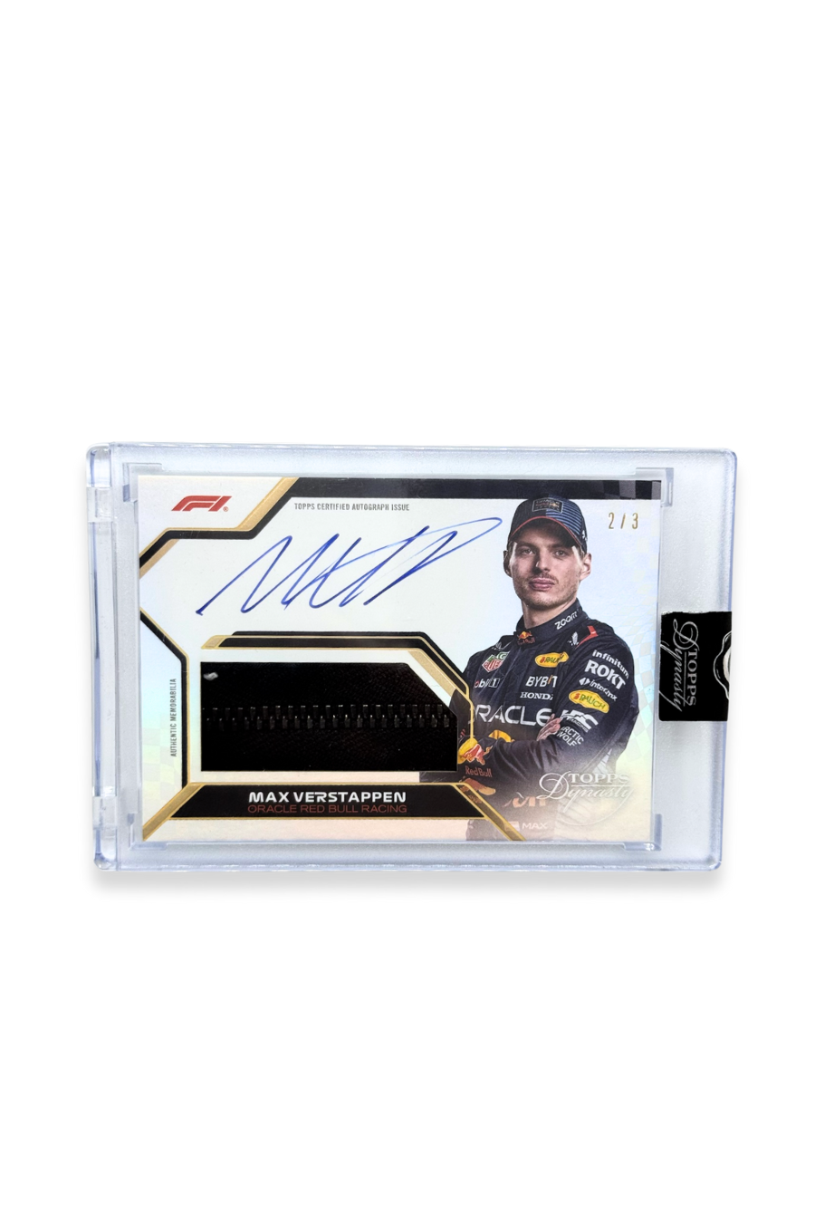 Front of 2024 Topps Dynasty Max Verstappen jumbo patch autograph card, serial numbered 2 of 3, showing black memorabilia patch with zipper stitching.