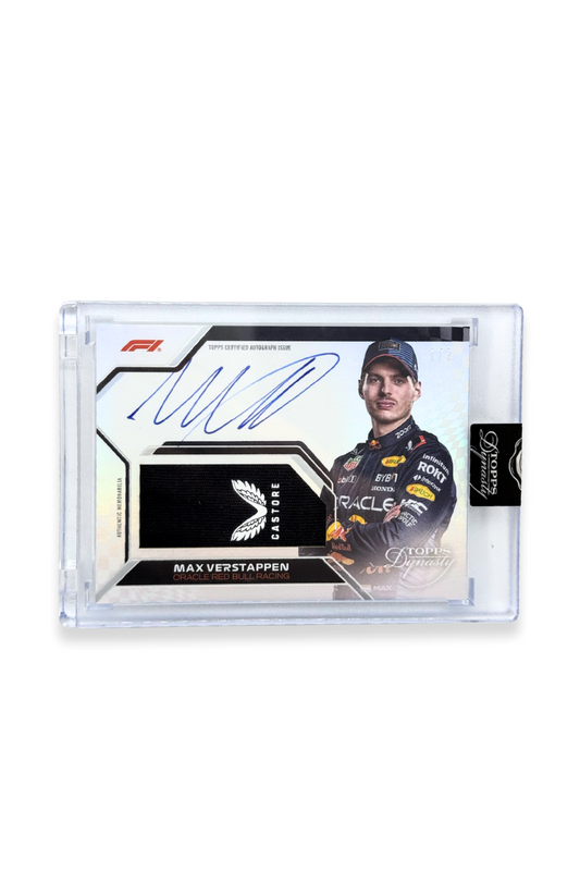 Front of 2024 Topps Dynasty Max Verstappen patch autograph card, serial numbered 1 of 2, showing Castore logo memorabilia patch.