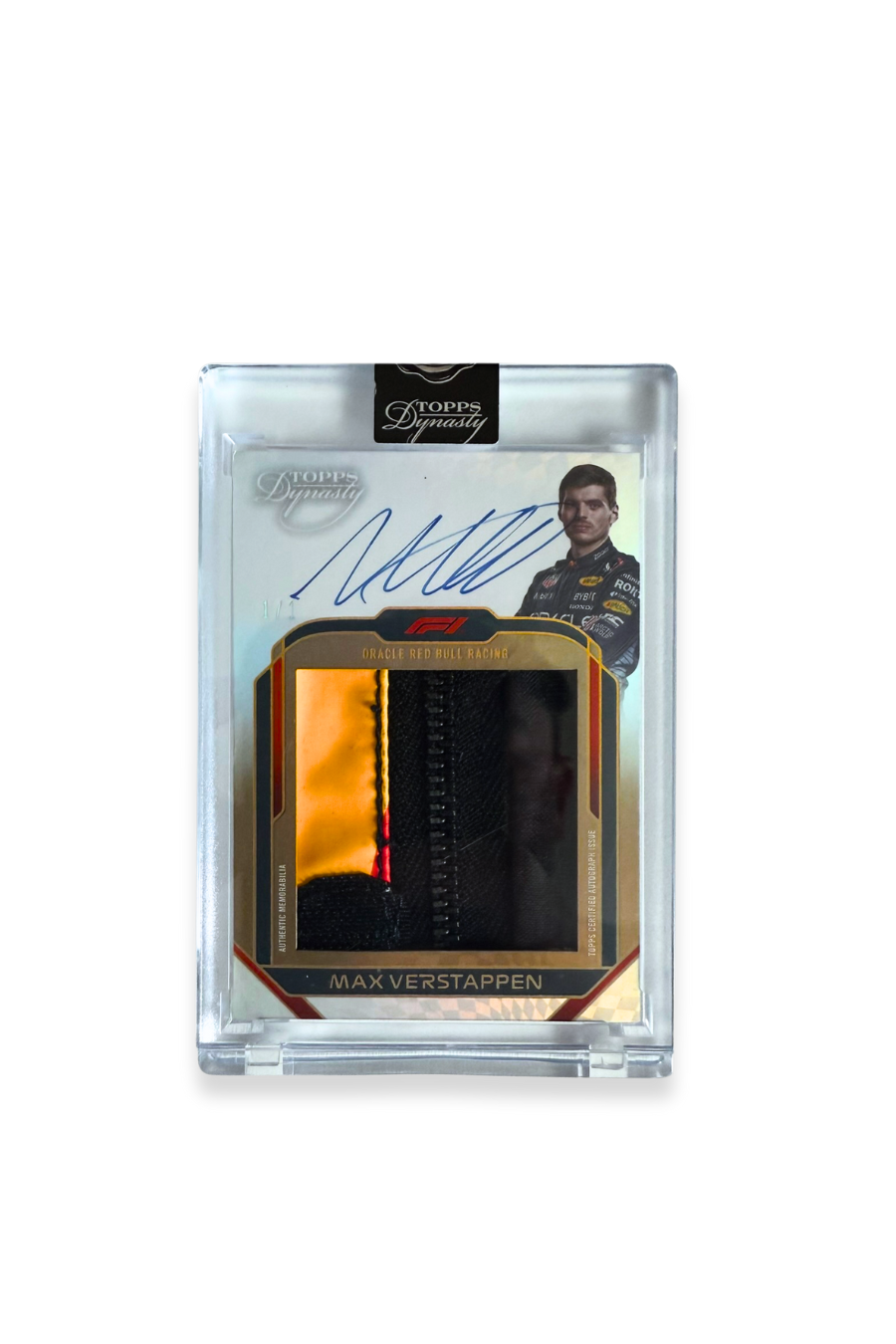 Front of 2024 Topps Dynasty Max Verstappen jumbo zipper patch autograph card, serial numbered 1 of 1, featuring multi-color memorabilia and a visible zipper.