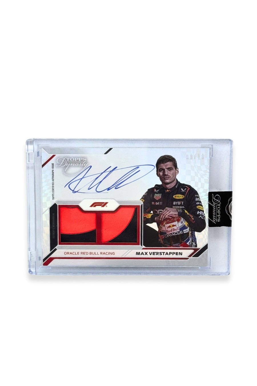 Front of 2024 Topps Dynasty Max Verstappen double patch autograph card, serial numbered 8 of 10, featuring red and black authentic memorabilia patches from Oracle Red Bull Racing.
