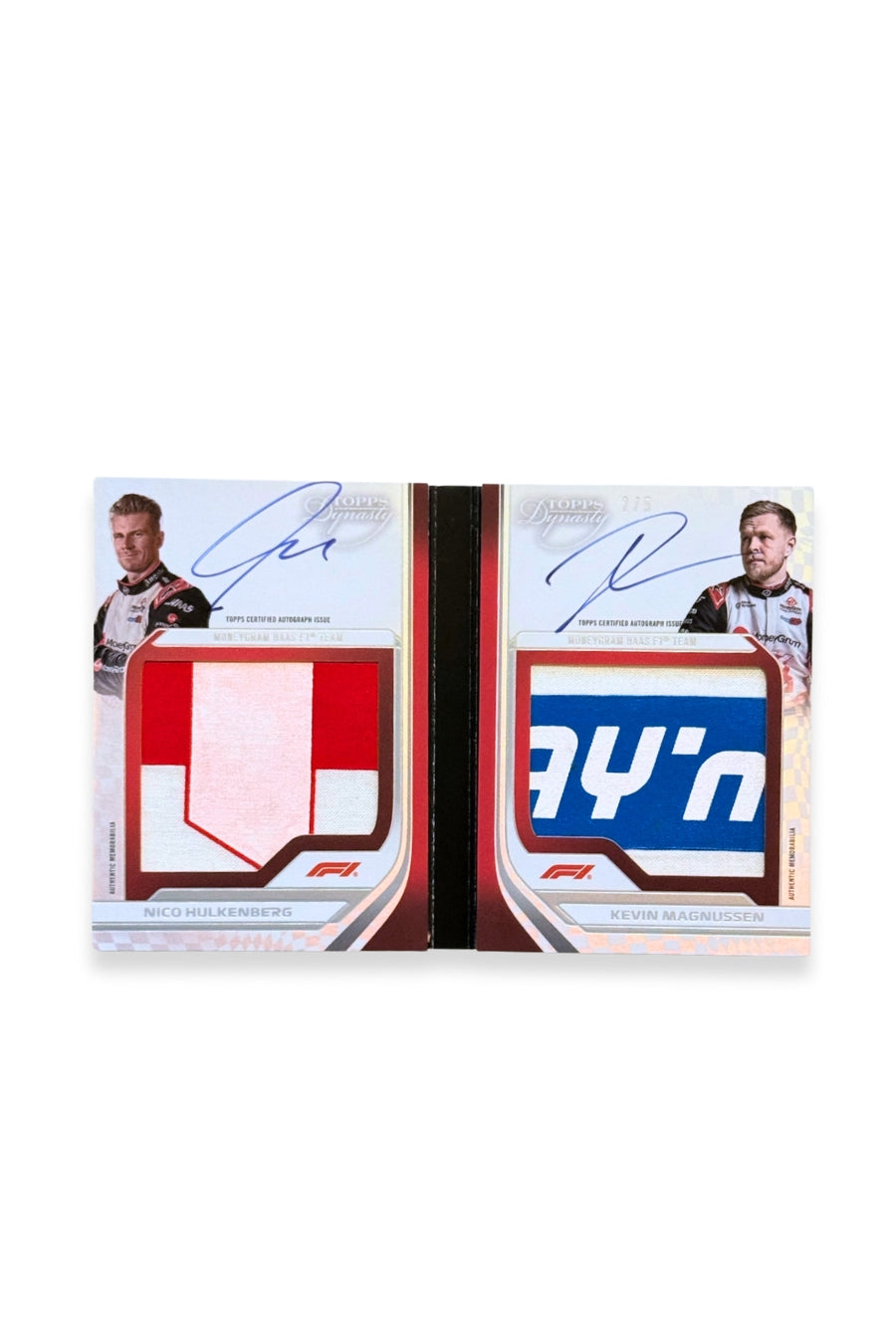 Front of 2024 Topps Dynasty Nico Hülkenberg and Kevin Magnussen dual booklet patch autograph card, serial numbered 2 of 5, showing red and white patch for Hülkenberg and blue and white patch for Magnussen.