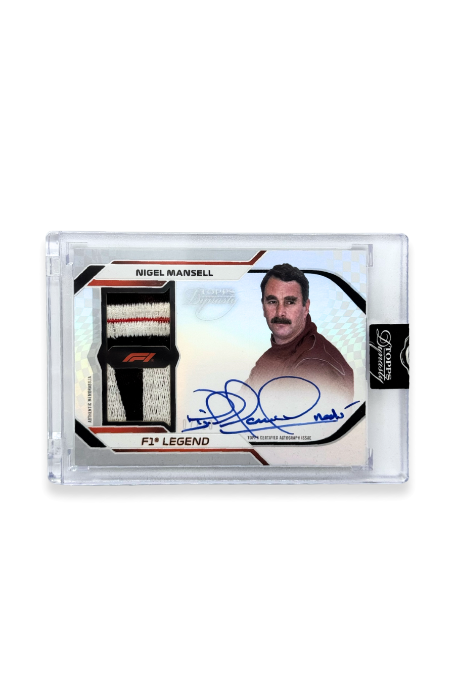 Front of 2024 Topps Dynasty Nigel Mansell F1 Legend patch autograph card, serial numbered 7 of 10, showing a patch with black, white, and red stitching.