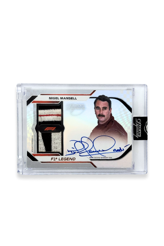 Front of 2024 Topps Dynasty Nigel Mansell F1 Legend patch autograph card, serial numbered 7 of 10, showing a patch with black, white, and red stitching.