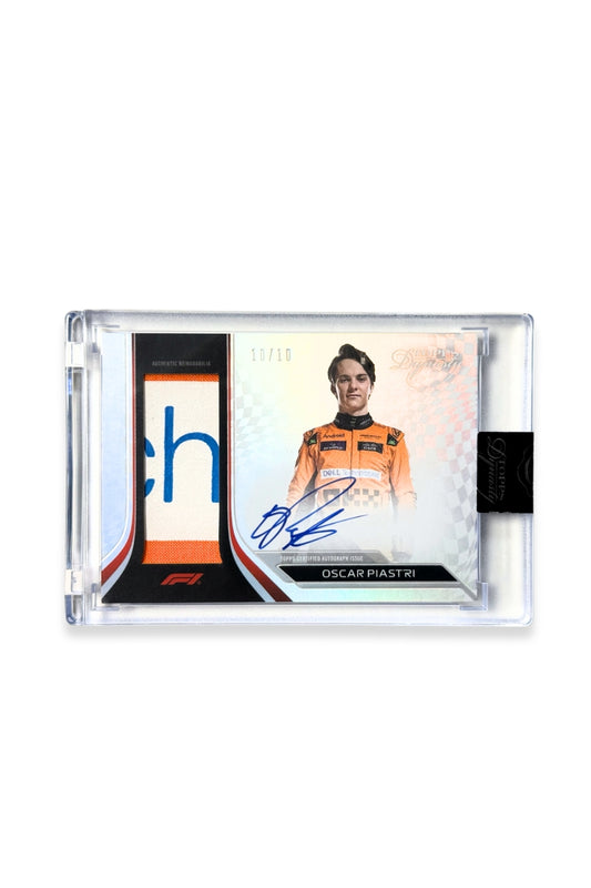 Front of 2024 Topps Dynasty Oscar Piastri patch autograph card, serial numbered 10 of 10, with blue and orange authentic memorabilia patch.