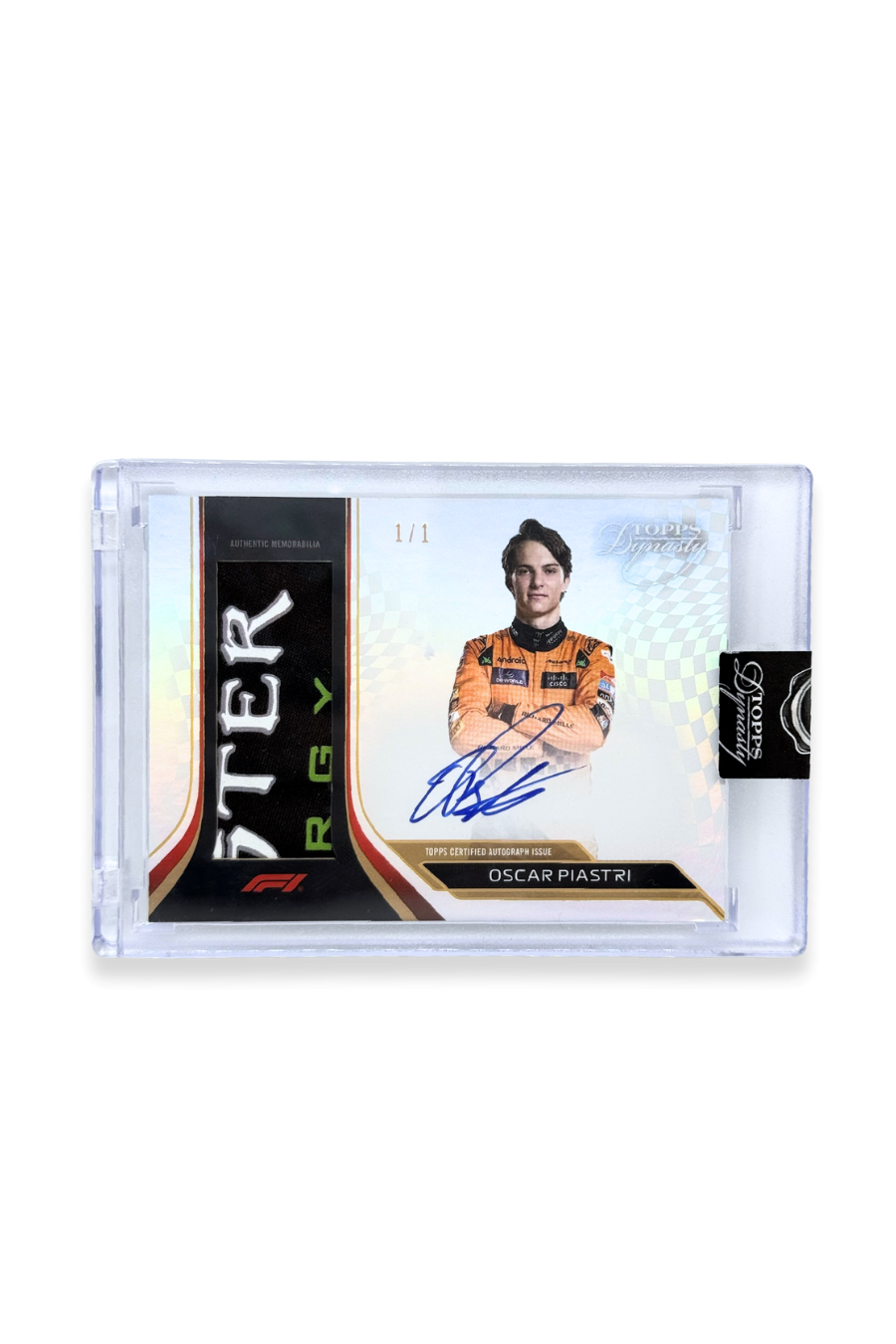 Front of 2024 Topps Dynasty Oscar Piastri patch autograph card, serial numbered 1 of 1, showing Monster Energy logo memorabilia patch.