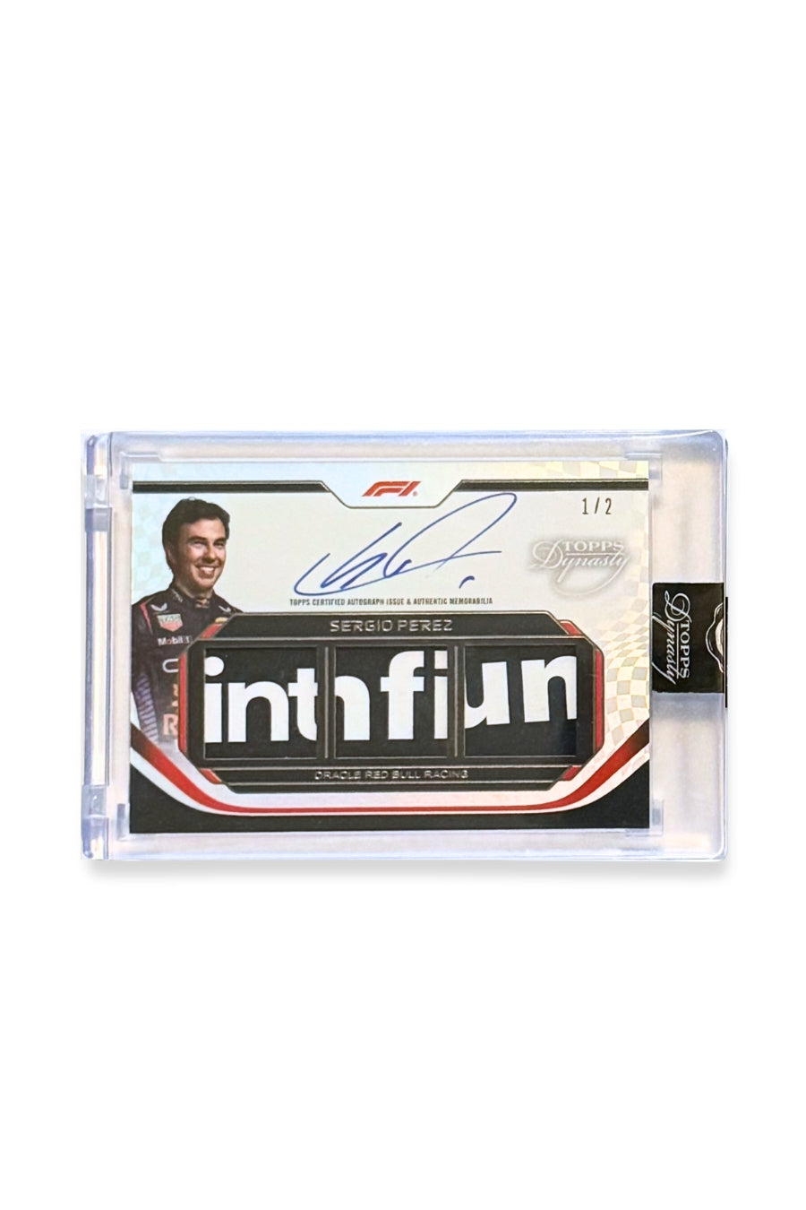 Front of 2024 Topps Dynasty Sergio Perez triple patch autograph card, serial numbered 1 of 2, featuring authentic memorabilia patches.