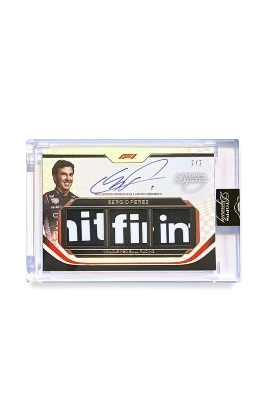 Front of 2024 Topps Dynasty Sergio Perez triple patch autograph card, serial numbered 2 of 2, featuring authentic memorabilia patches.
