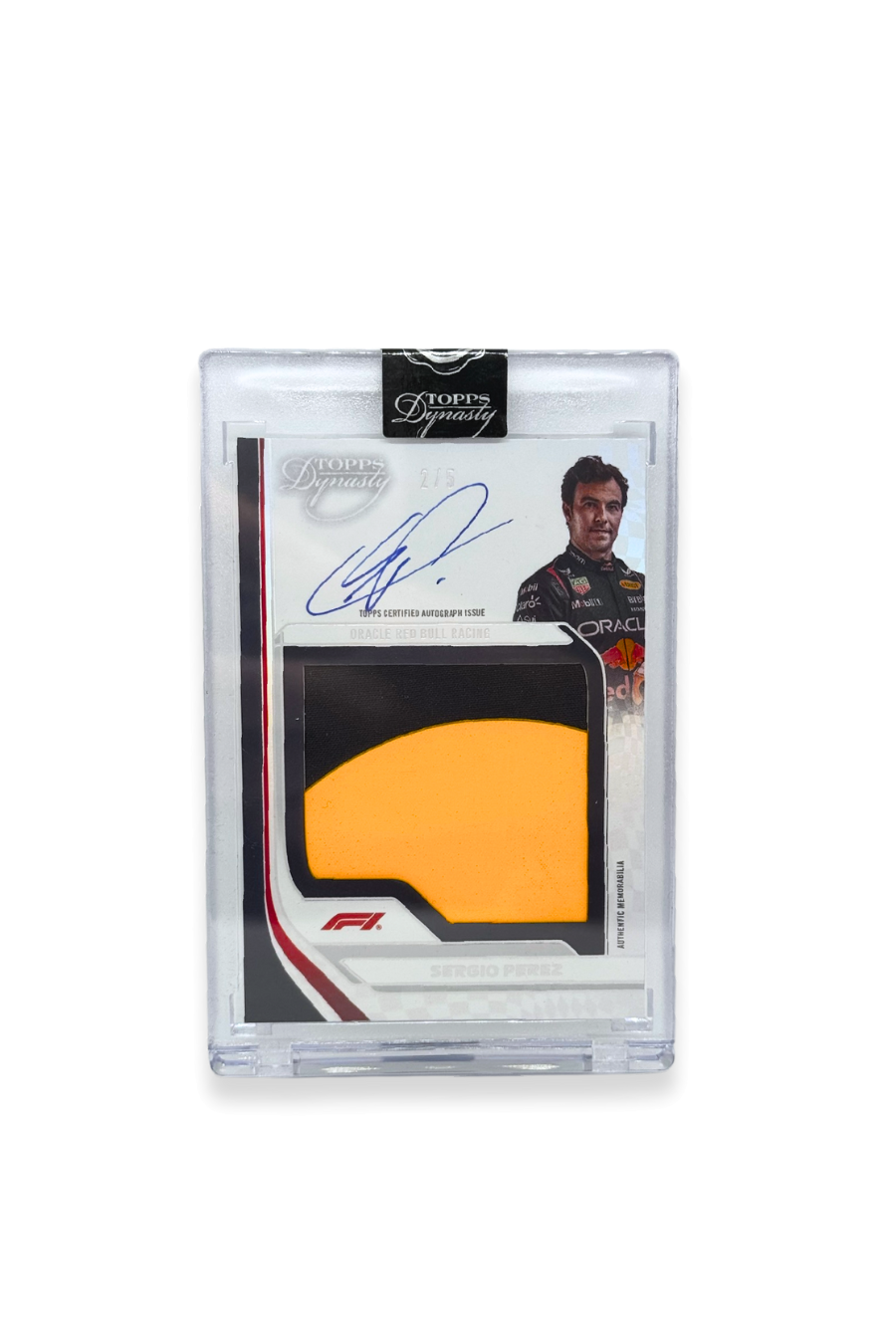 Front of 2024 Topps Dynasty Sergio Perez jumbo patch autograph card, serial numbered 2 of 5, showing oversized memorabilia patch.
