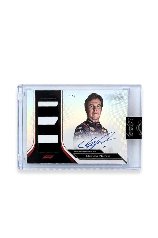 Front of 2024 Topps Dynasty Sergio Perez patch autograph card, serial numbered 1 of 2, featuring a black and white authentic memorabilia patch from Oracle Red Bull Racing.