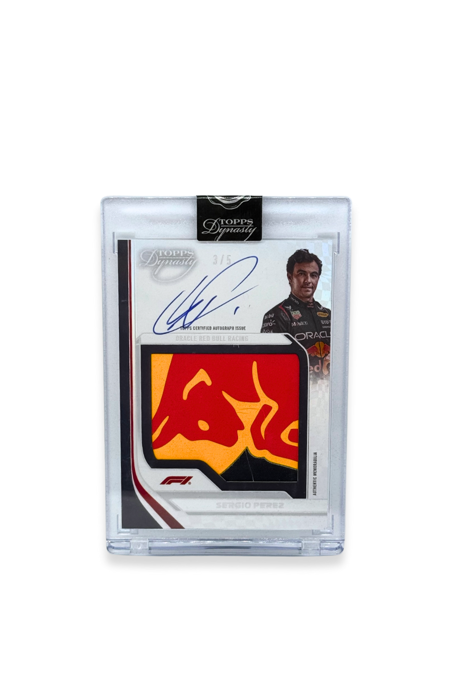 Front of 2024 Topps Dynasty Sergio Perez jumbo patch autograph card, serial numbered 3 of 5, featuring an authentic memorabilia logo patch with the Red Bull graphic from Oracle Red Bull Racing.