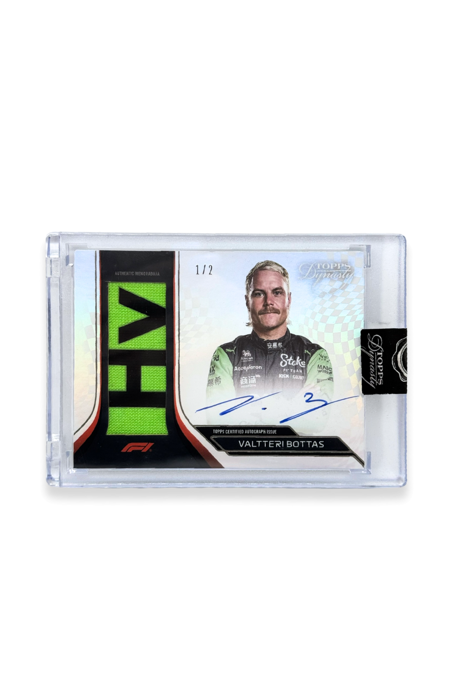 Front of 2024 Topps Dynasty Valtteri Bottas single patch autograph card, serial numbered 1 of 2, showing green and black memorabilia patch.