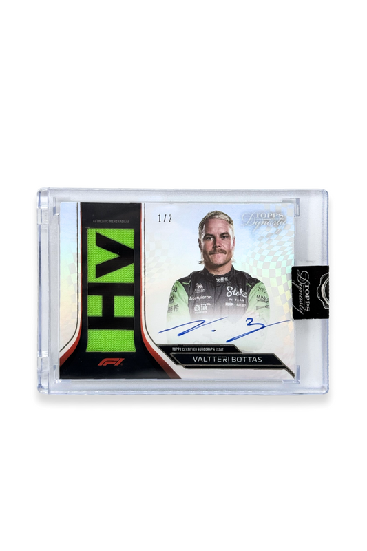 Front of 2024 Topps Dynasty Valtteri Bottas single patch autograph card, serial numbered 1 of 2, showing green and black memorabilia patch.