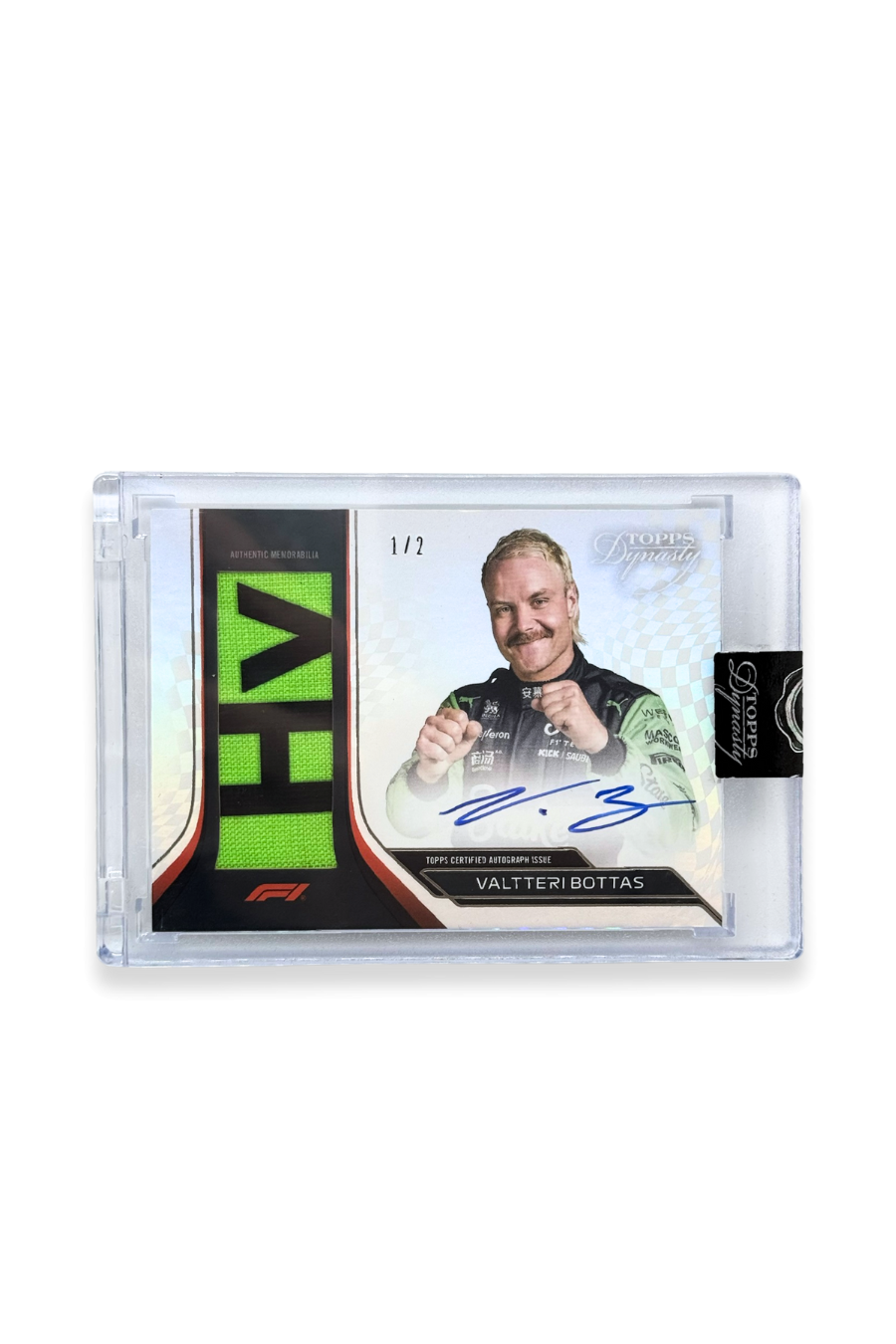 Front of 2024 Topps Dynasty Valtteri Bottas patch autograph card, serial numbered 1 of 2, showing green and black memorabilia patch.
