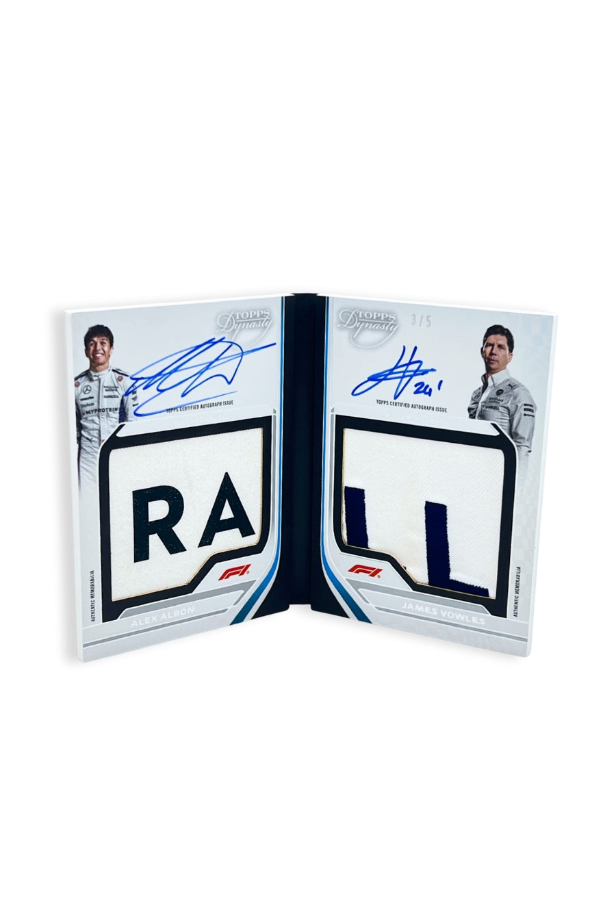 Front of 2024 Topps Dynasty Alex Albon and James Vowles dual nameplate patch autograph booklet card, serial numbered 3 of 5, featuring navy and white letters.