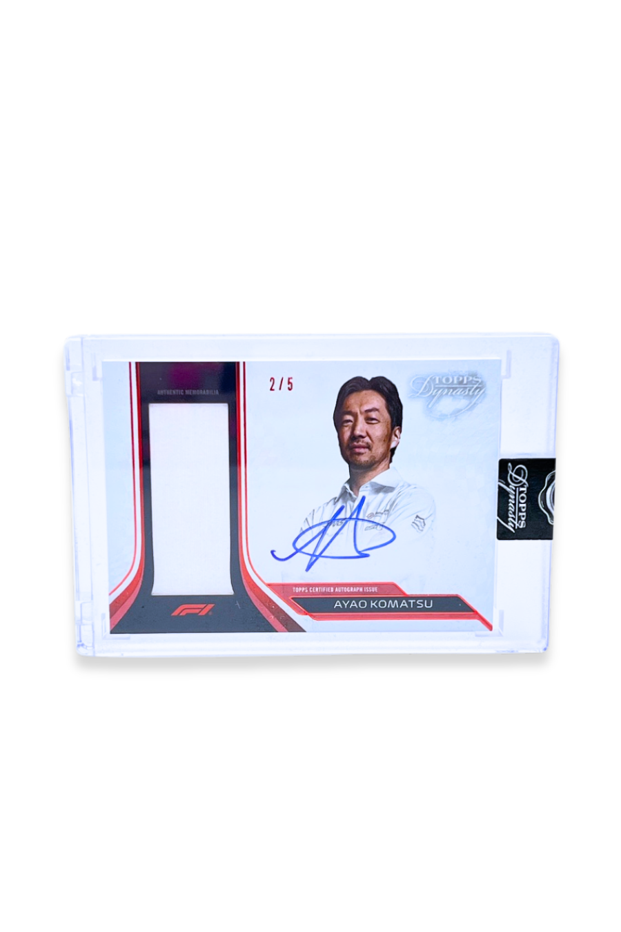 Front of 2024 Topps Dynasty Ayao Komatsu patch autograph card, serial numbered 2 of 5, showing white memorabilia patch and autograph.