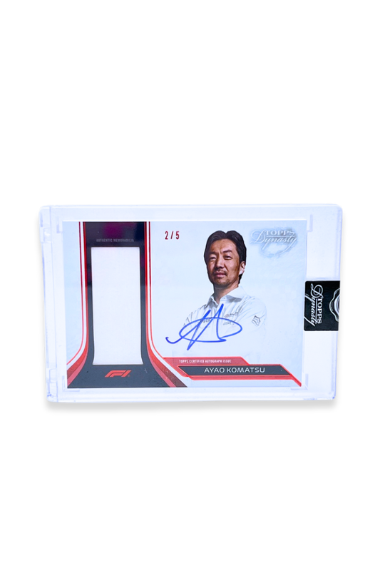 Front of 2024 Topps Dynasty Ayao Komatsu patch autograph card, serial numbered 2 of 5, showing white memorabilia patch and autograph.