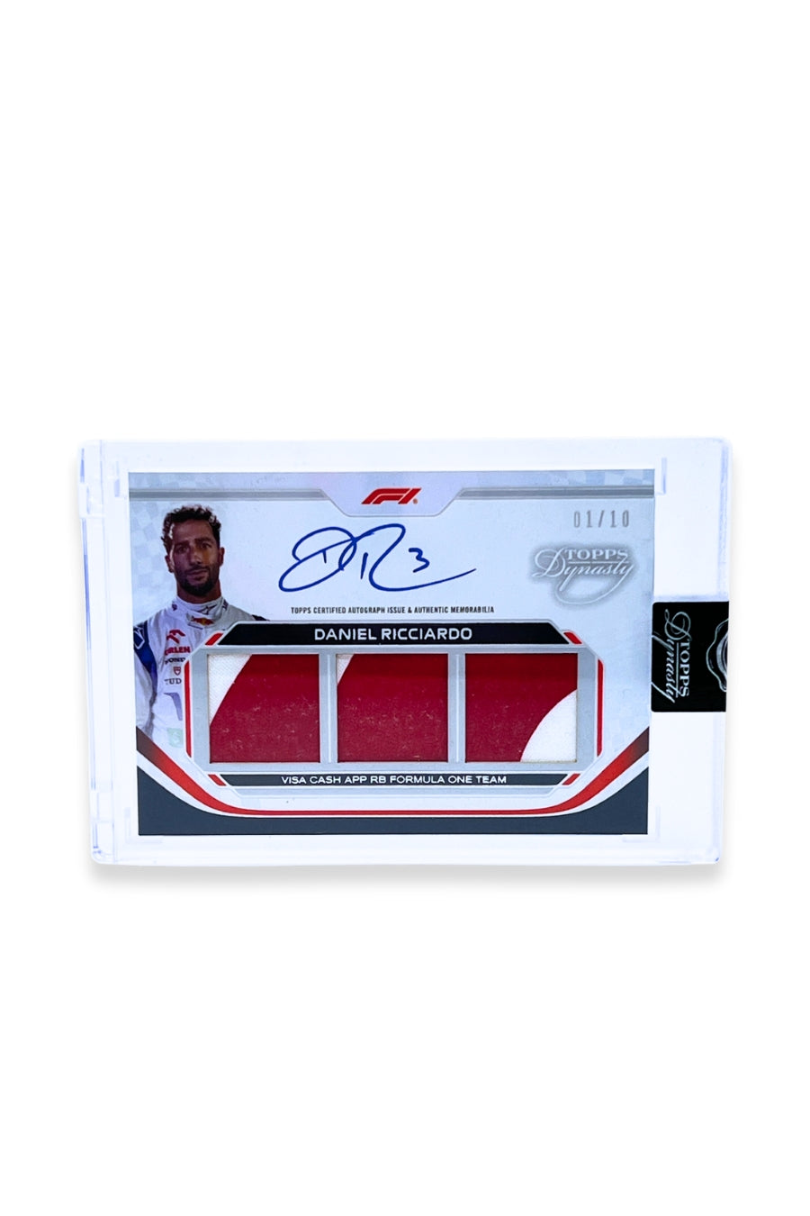 Front of 2024 Topps Dynasty Daniel Ricciardo triple patch autograph card, serial numbered 1 of 10, featuring an authentic red and white memorabilia patch.