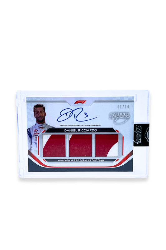 Front of 2024 Topps Dynasty Daniel Ricciardo triple patch autograph card, serial numbered 1 of 10, featuring an authentic red and white memorabilia patch.
