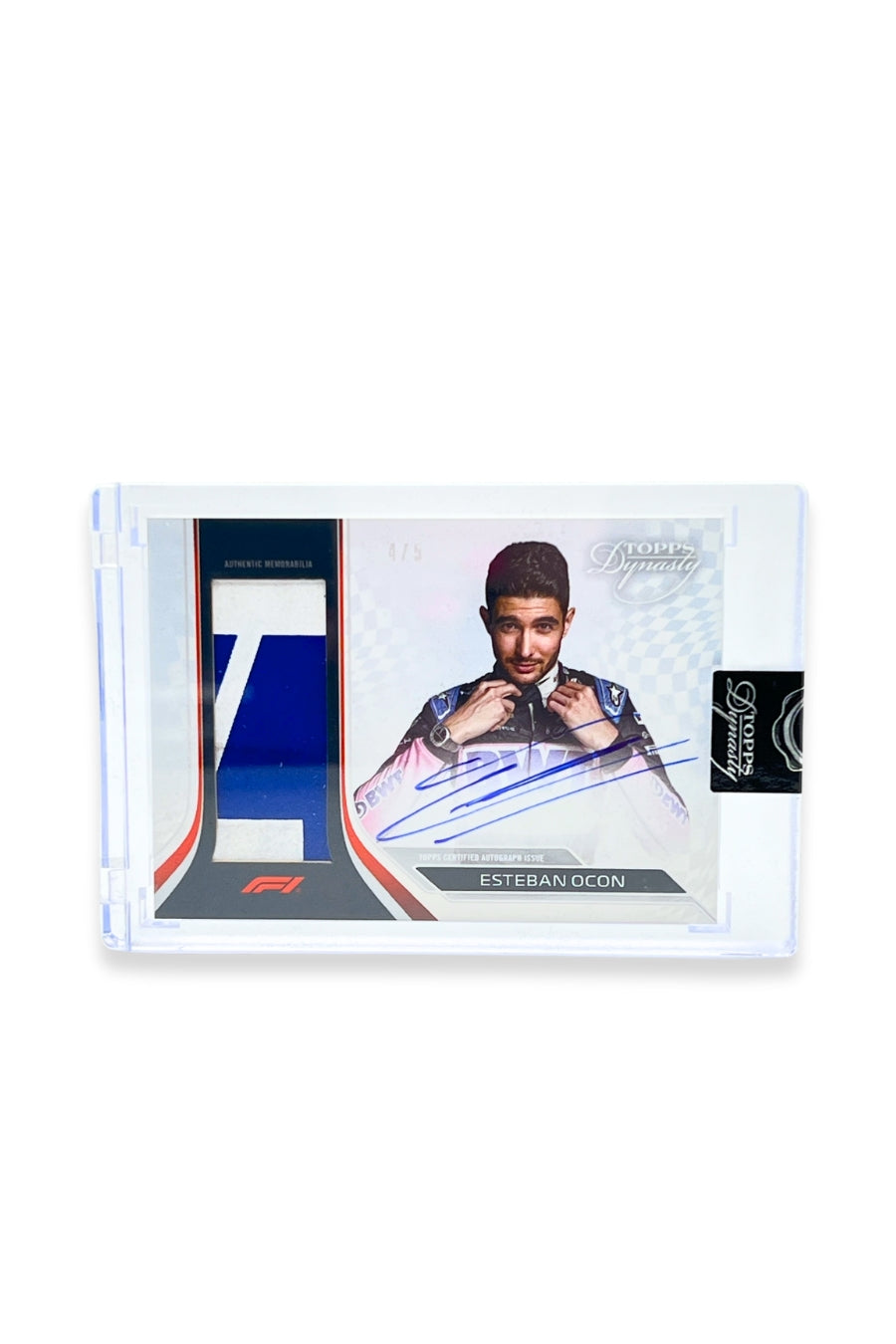 Front of 2024 Topps Dynasty Esteban Ocon patch autograph card, serial numbered 4 of 5, featuring an authentic blue and white memorabilia patch.