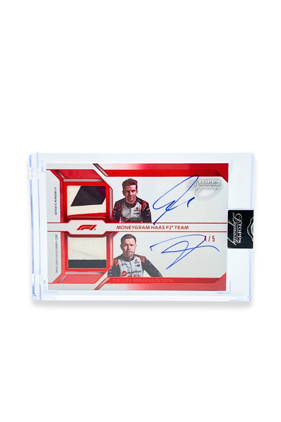 Front of 2024 Topps Dynasty Nico Hülkenberg / Kevin Magnussen dual autograph card, serial numbered 4 of 5.