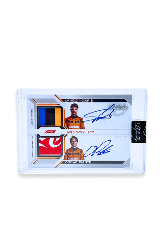 Front of 2024 Topps Dynasty Lando Norris and Oscar Piastri dual patch autograph card, serial numbered 6 of 10, featuring blue, yellow, black, and red patches.