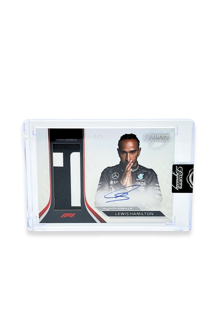 Front of 2024 Topps Dynasty Lewis Hamilton patch autograph card, serial numbered 5 of 5, featuring an authentic black and white vertical memorabilia patch.