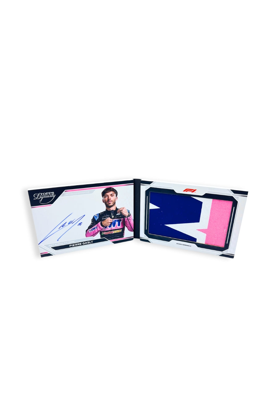Front of 2024 Topps Dynasty Pierre Gasly patch autograph booklet card, serial numbered 5 of 5, featuring a pink, navy, and white memorabilia patch.