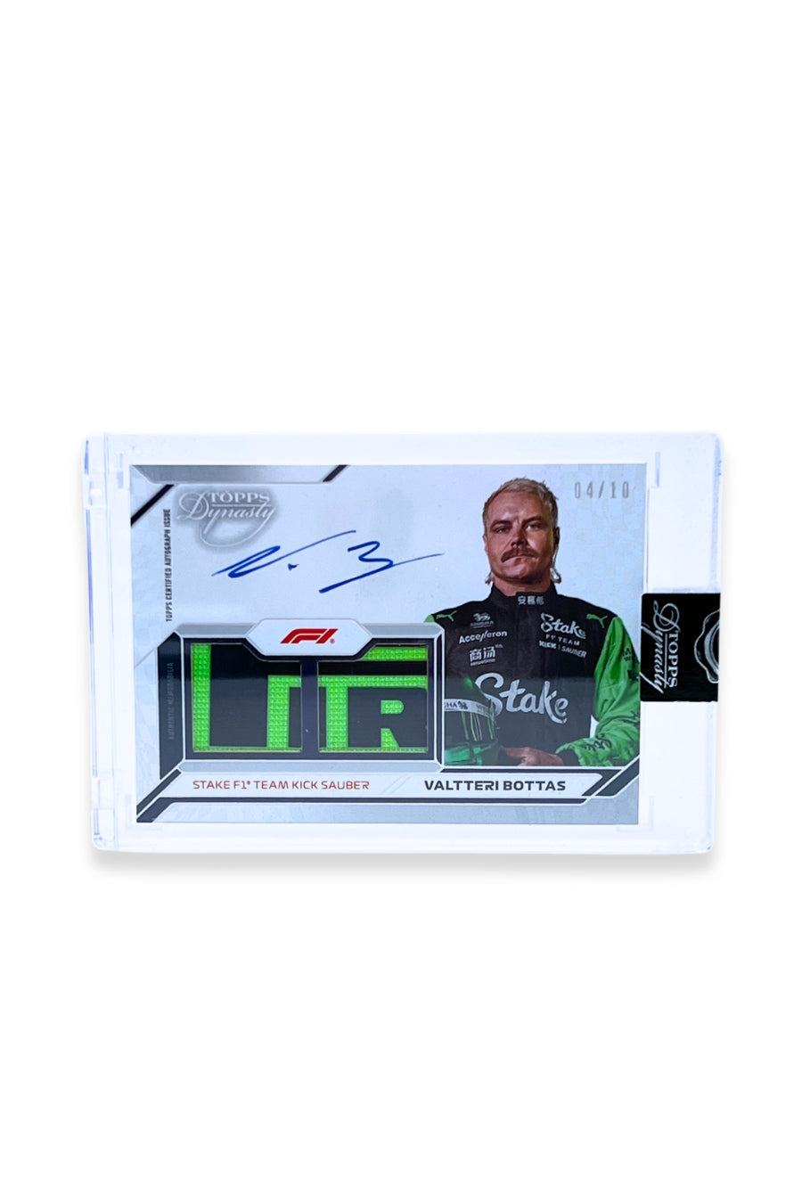 Shop this 2024 Topps Dynasty Valtteri Bottas Double Patch Auto #4/10 — featuring an on-card autograph and authentic neon green and black memorabilia patches for Stake F1 Team Kick Sauber fans.