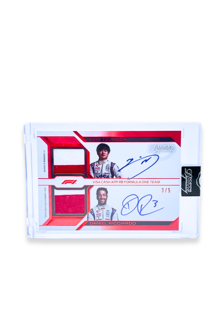 Front of 2024 Topps Dynasty Yuki Tsunoda & Daniel Ricciardo dual patch autograph card, serial numbered 3 of 5, showing red-and-white and red memorabilia patches with on-card autographs.