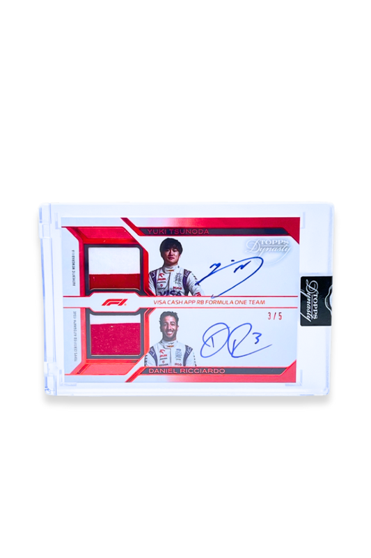 Front of 2024 Topps Dynasty Yuki Tsunoda & Daniel Ricciardo dual patch autograph card, serial numbered 3 of 5, showing red-and-white and red memorabilia patches with on-card autographs.