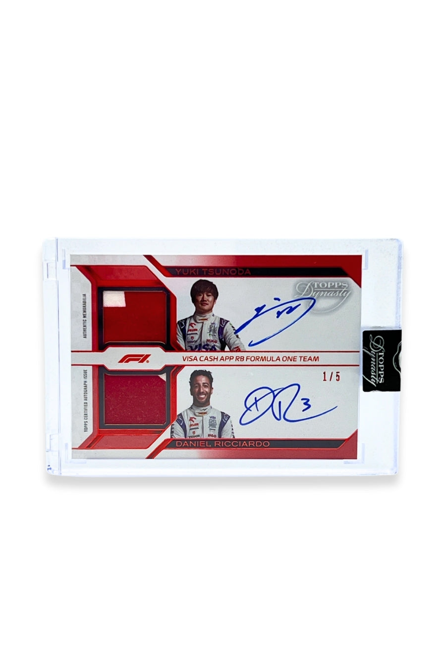 Front of 2024 Topps Dynasty Yuki Tsunoda and Daniel Ricciardo dual patch autograph card, serial numbered 1 of 5, featuring authentic red memorabilia patches for both drivers.