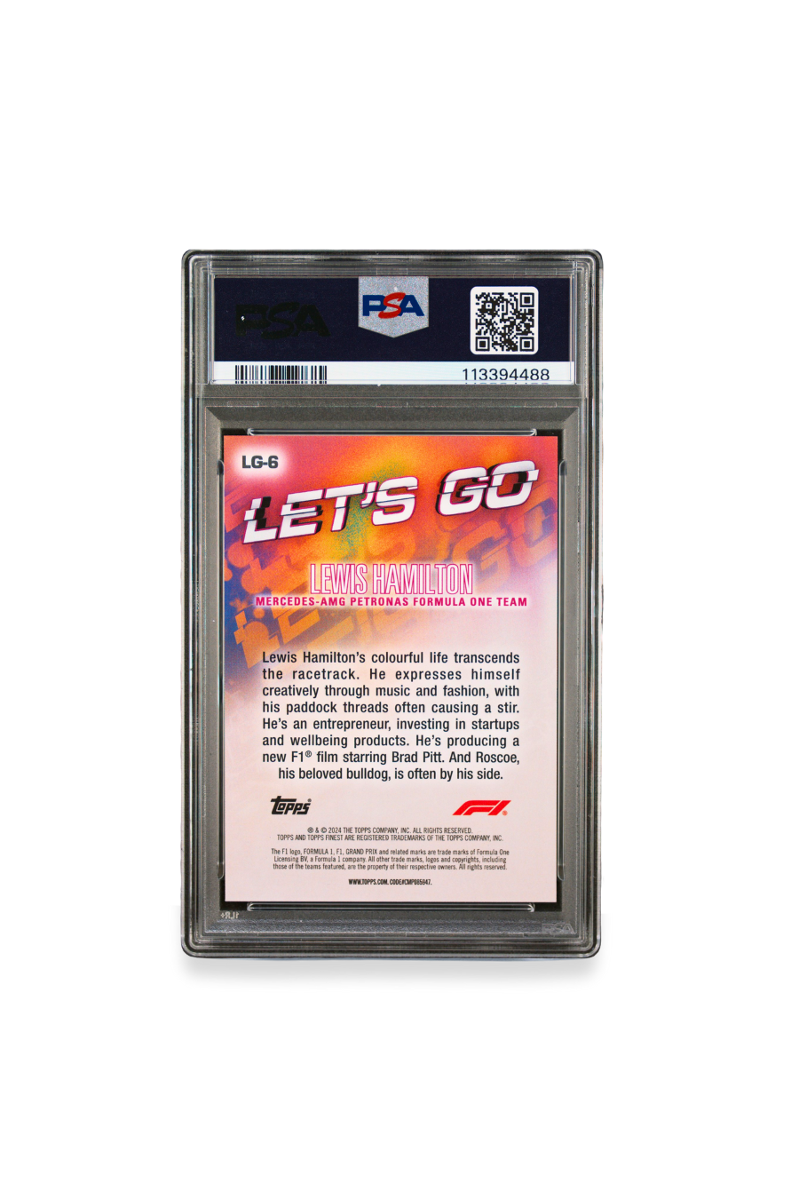Back of 2024 Topps Finest F1 Lewis Hamilton “Let’s Go” card #LG6 with colorful text and biography, graded PSA 10