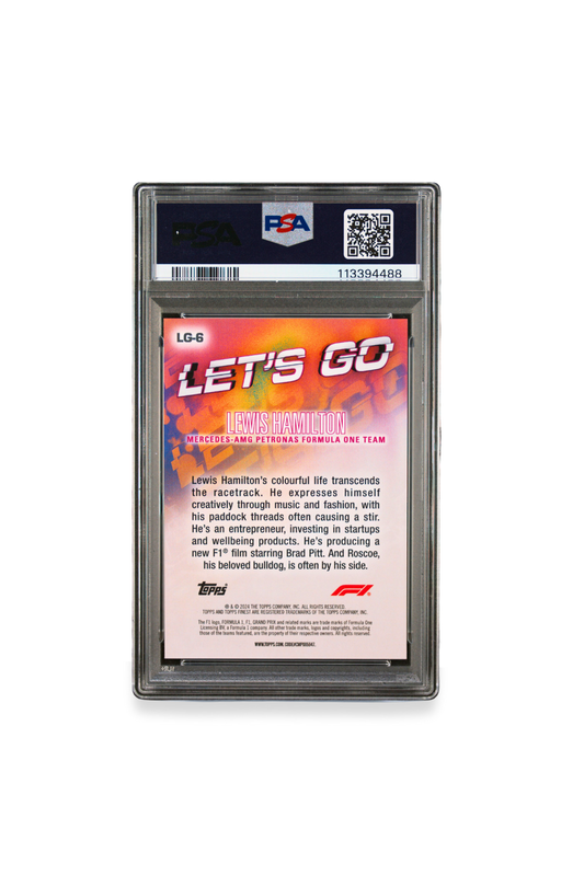 Back of 2024 Topps Finest F1 Lewis Hamilton “Let’s Go” card #LG6 with colorful text and biography, graded PSA 10