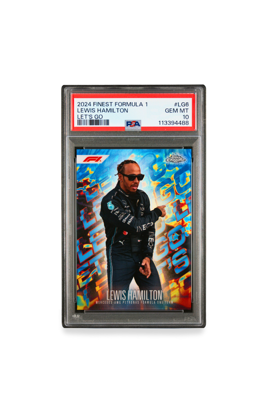 Front of 2024 Topps Finest F1 Lewis Hamilton “Let’s Go” card #LG6 graded PSA 10