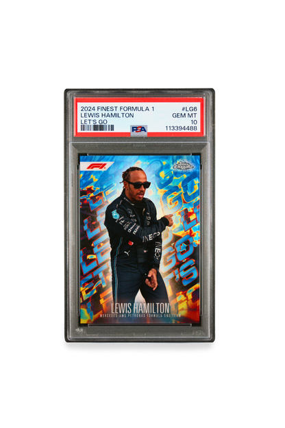 Front of 2024 Topps Finest F1 Lewis Hamilton “Let’s Go” card #LG6 graded PSA 10