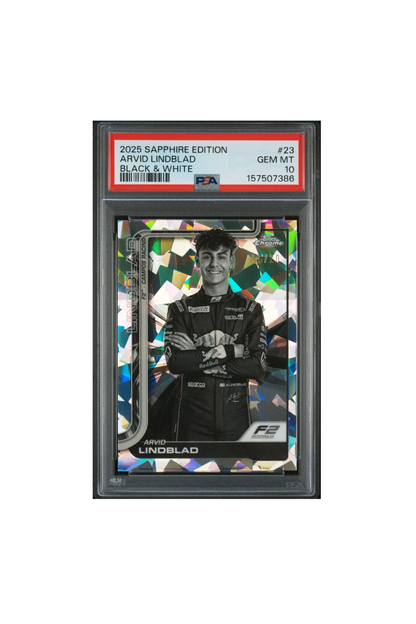 2025 Topps Chrome F1 Sapphire Arvid Lindblad Black & White #6/20 PSA 10