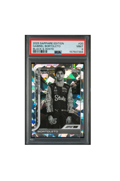 2025 Topps Chrome F1 Sapphire Gabriel Bortoleto Black & White #8/20 PSA 9