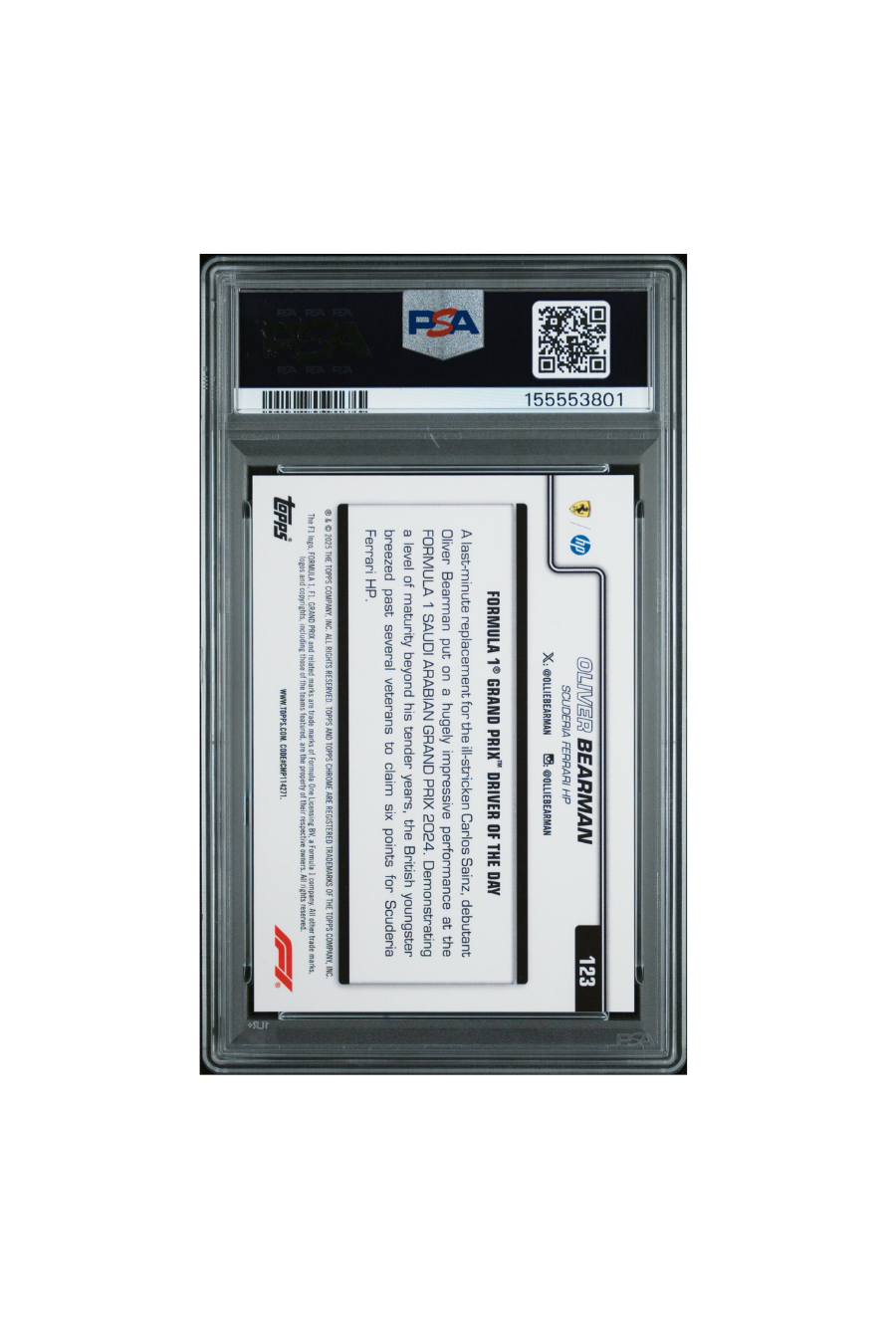 2025 Topps Chrome F1 Sapphire Oliver Bearman Black Checker #4/10 PSA 9