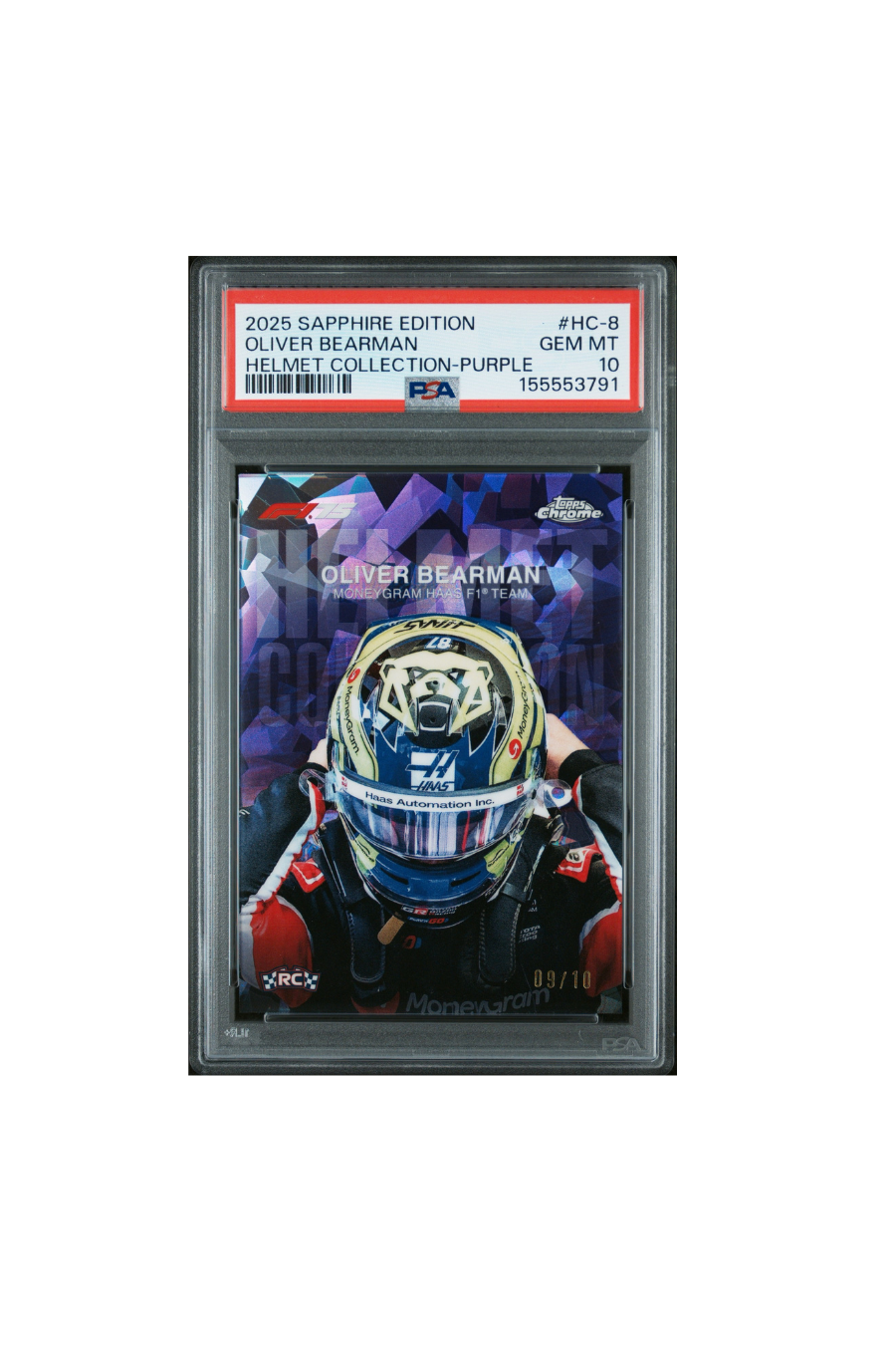 2025 Topps Chrome F1 Sapphire Oliver Bearman Purple Helmet Collection #9/10 PSA 10
