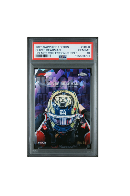 2025 Topps Chrome F1 Sapphire Oliver Bearman Purple Helmet Collection #9/10 PSA 10