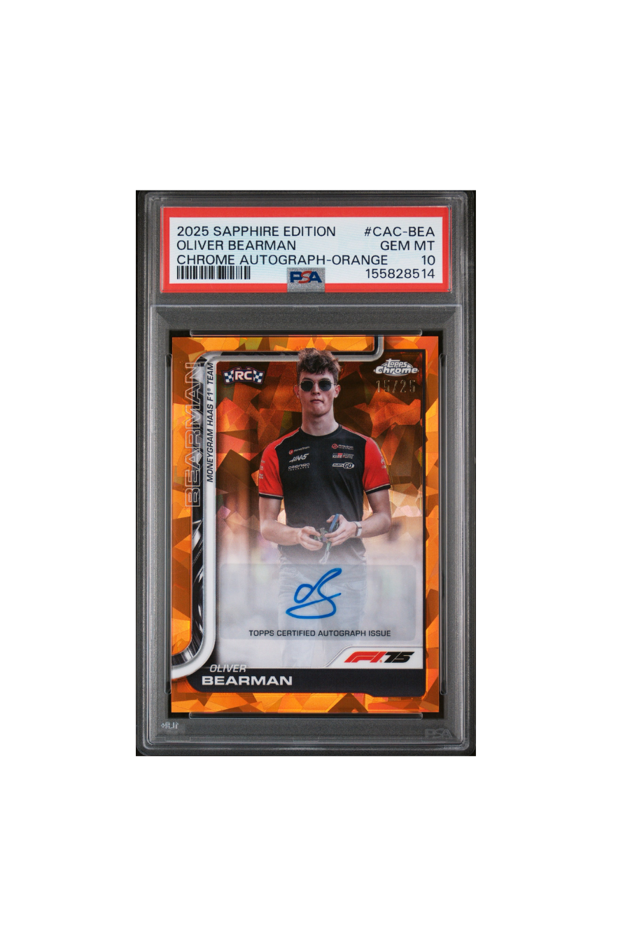 2025 Topps Chrome F1 Sapphire Oliver Bearman Orange Auto #15/25 PSA 10