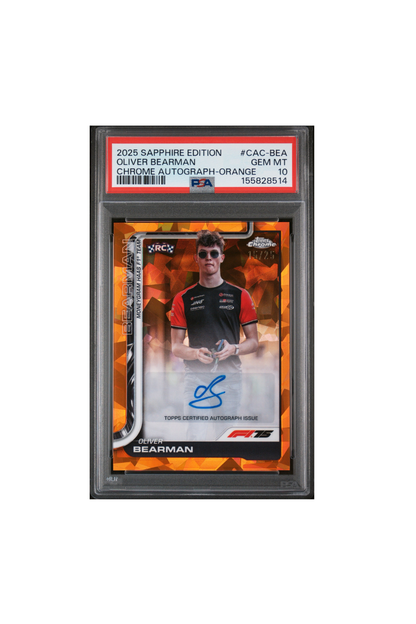 2025 Topps Chrome F1 Sapphire Oliver Bearman Orange Auto #15/25 PSA 10