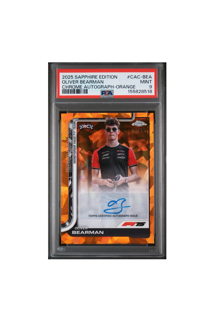 2025 Topps Chrome F1 Sapphire Oliver Bearman Orange Auto #3/25 PSA 9