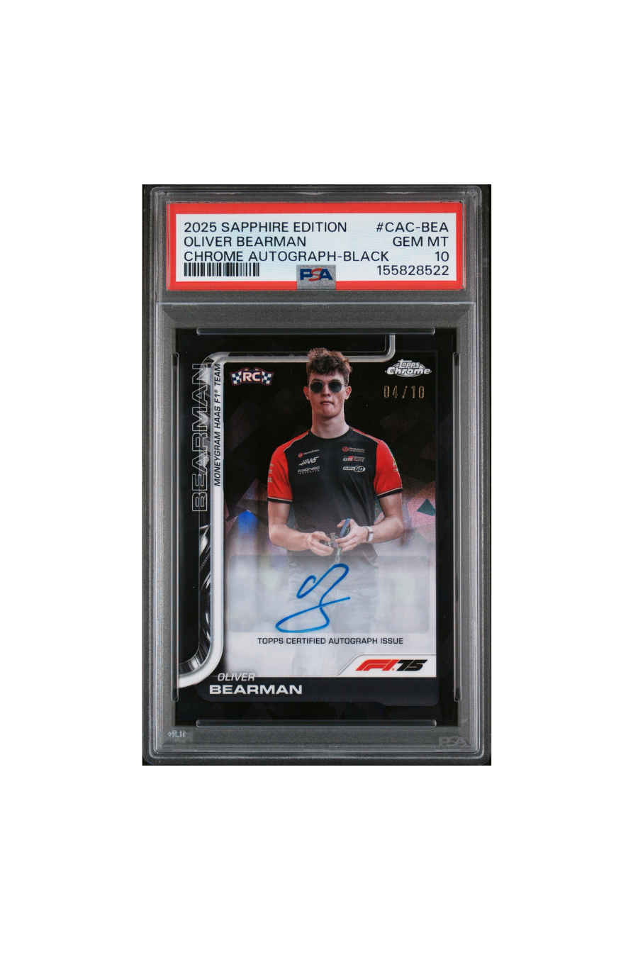 2025 Topps Chrome F1 Sapphire Oliver Bearman Black Auto #4/10 PSA 10