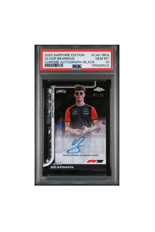 2025 Topps Chrome F1 Sapphire Oliver Bearman Black Auto #4/10 PSA 10
